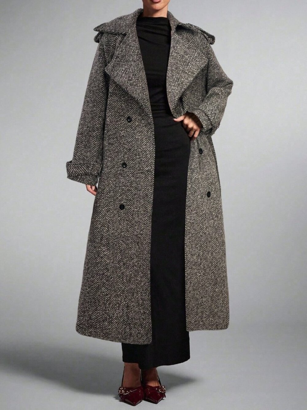 Brown Elegant Women's Large Lapel Double-Breasted Coarse Twill Long Overcoat